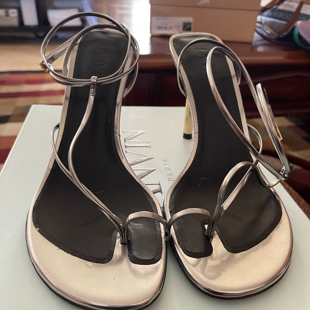 Lanvin Metallic Silver Strappy Toe-Ring Heels